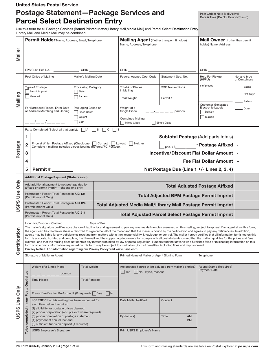 PS Form 3605-R Postage Statement - Package Services and Parcel Select Destination Entry, Page 1