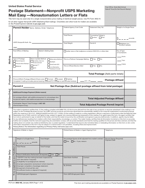PS Form 3602-NZ Postage Statement - Nonprofit USPS Marketing Mail Easy - Nonautomation Letters or Flats