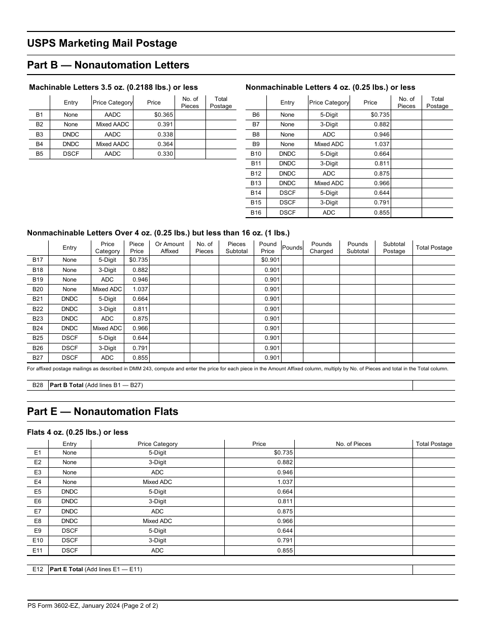 PS Form 3602-EZ Postage Statement - USPS Marketing Mail - Easy Nonautomation Letters or Flats, Page 2