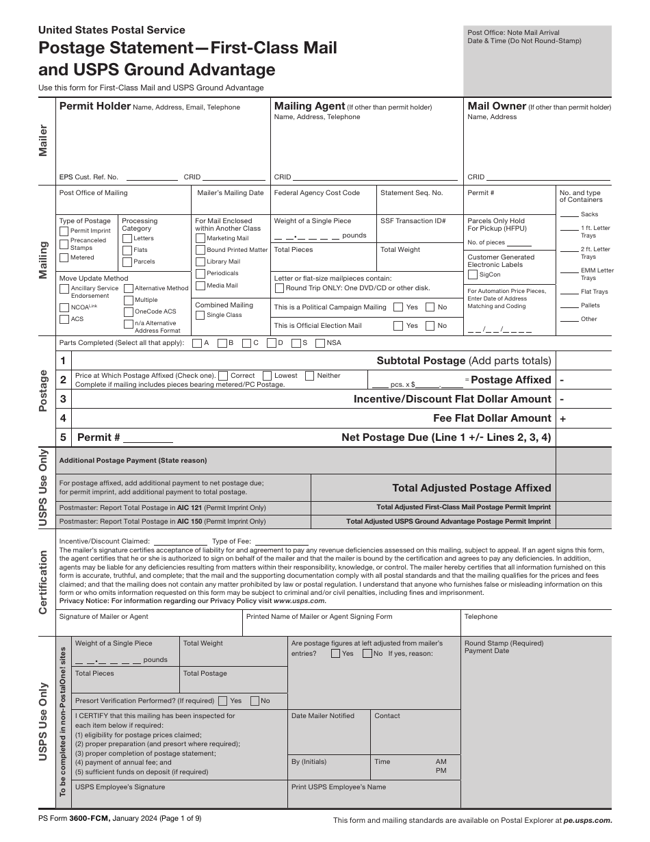 PS Form 3600-FCM Postage Statement - First-Class Mail and USPS Ground Advantage, Page 1