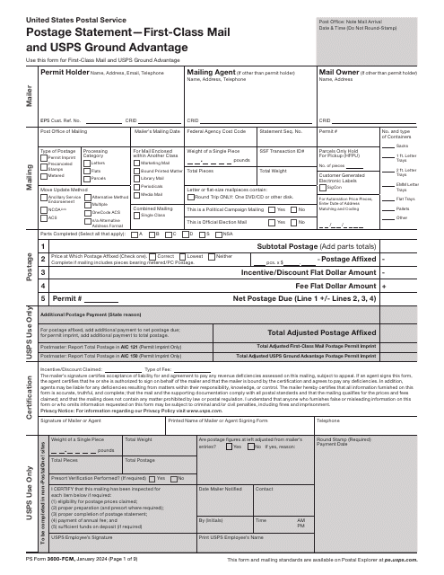 PS Form 3600-FCM Postage Statement - First-Class Mail and USPS Ground Advantage