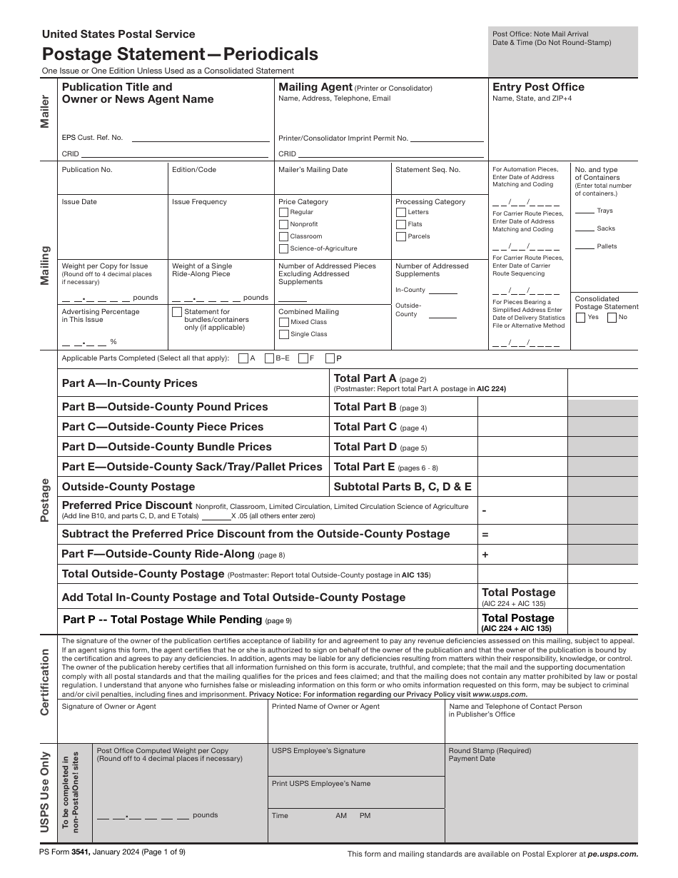 PS Form 3541 Postage Statement - Periodicals - One Issue or One Edition, Page 1