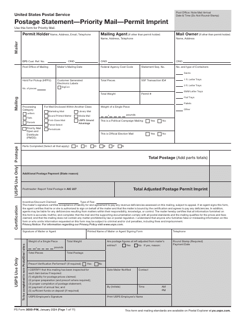 PS Form 3600-PM Postage Statement - Priority Mail - Permit Imprint