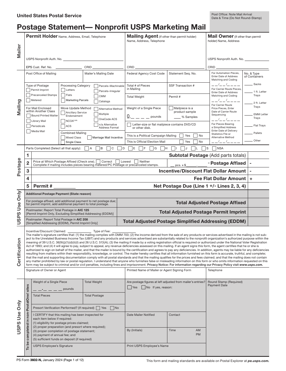 PS Form 3602-N Postage Statement - Nonprofit USPS Marketing Mail, Page 1