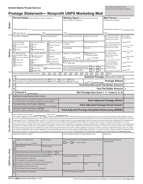 PS Form 3602-N Postage Statement - Nonprofit USPS Marketing Mail