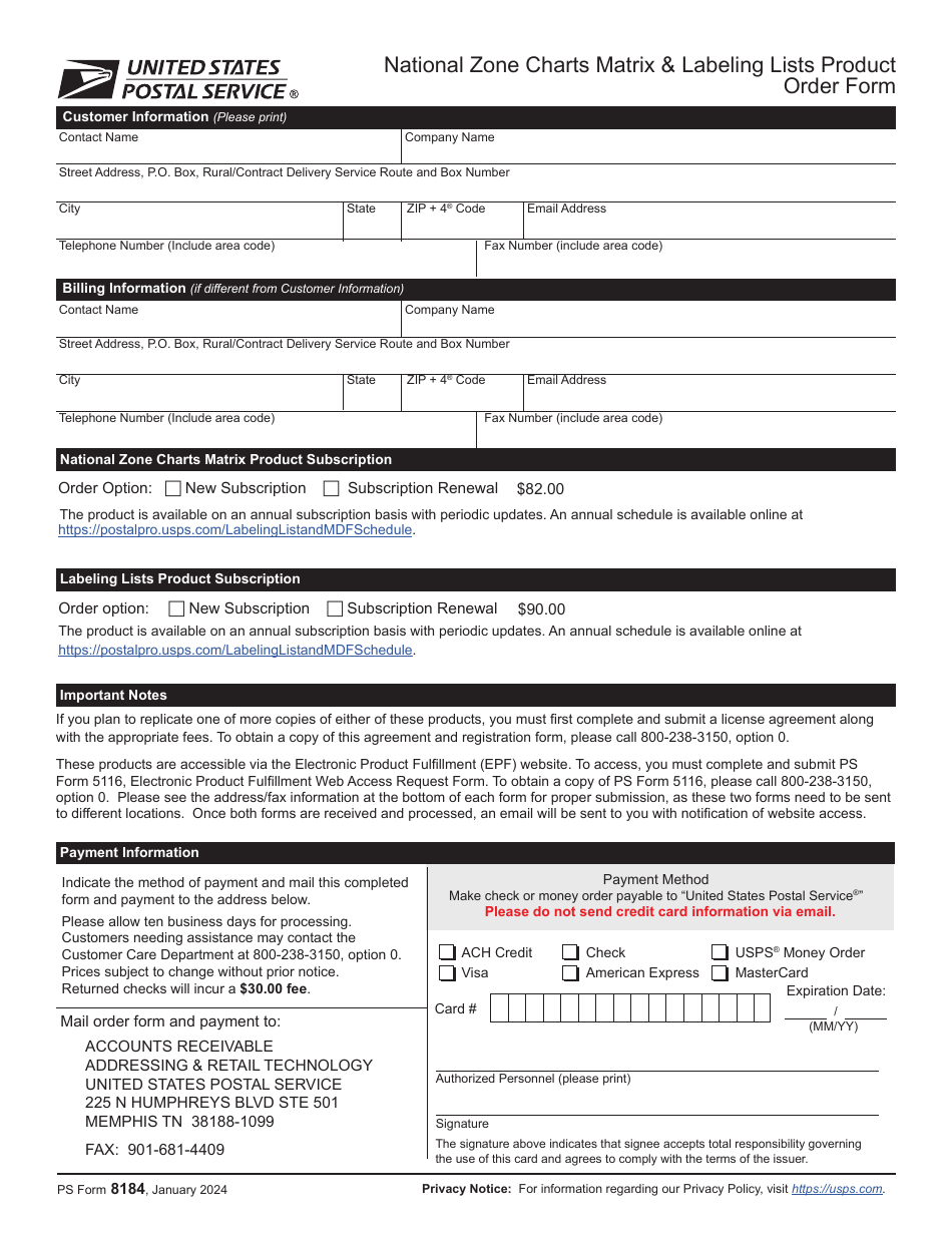 PS Form 8184 National Zone Charts Matrix  Labeling Lists Product Order Form, Page 1