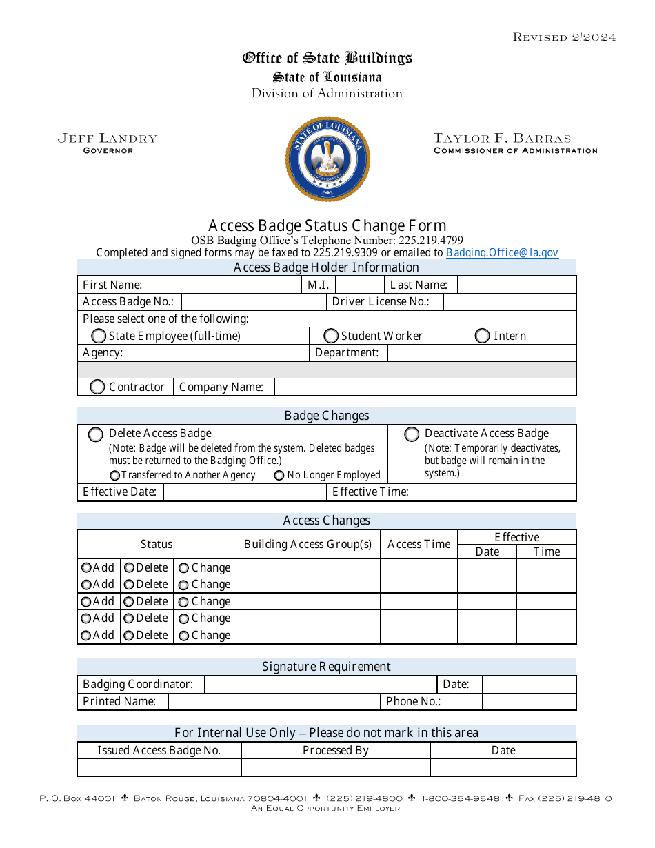 Access Badge Status Change Form - Louisiana, Page 1