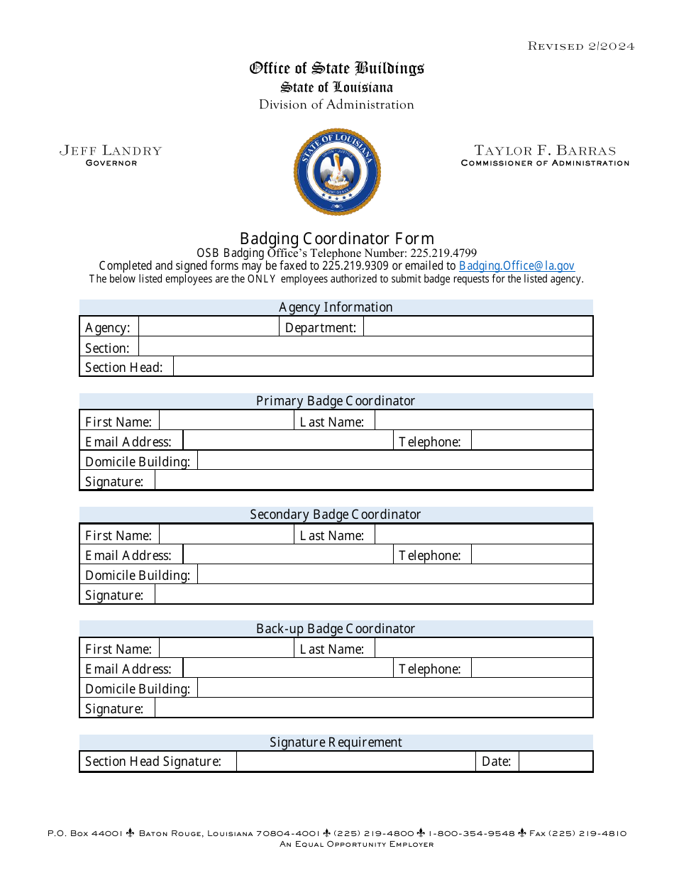 Louisiana Badging Coordinator Form Download Fillable PDF 2021 — 2024