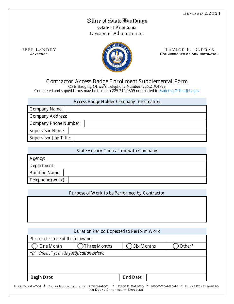 Contractor Access Badge Enrollment Supplemental Form - Louisiana, Page 1