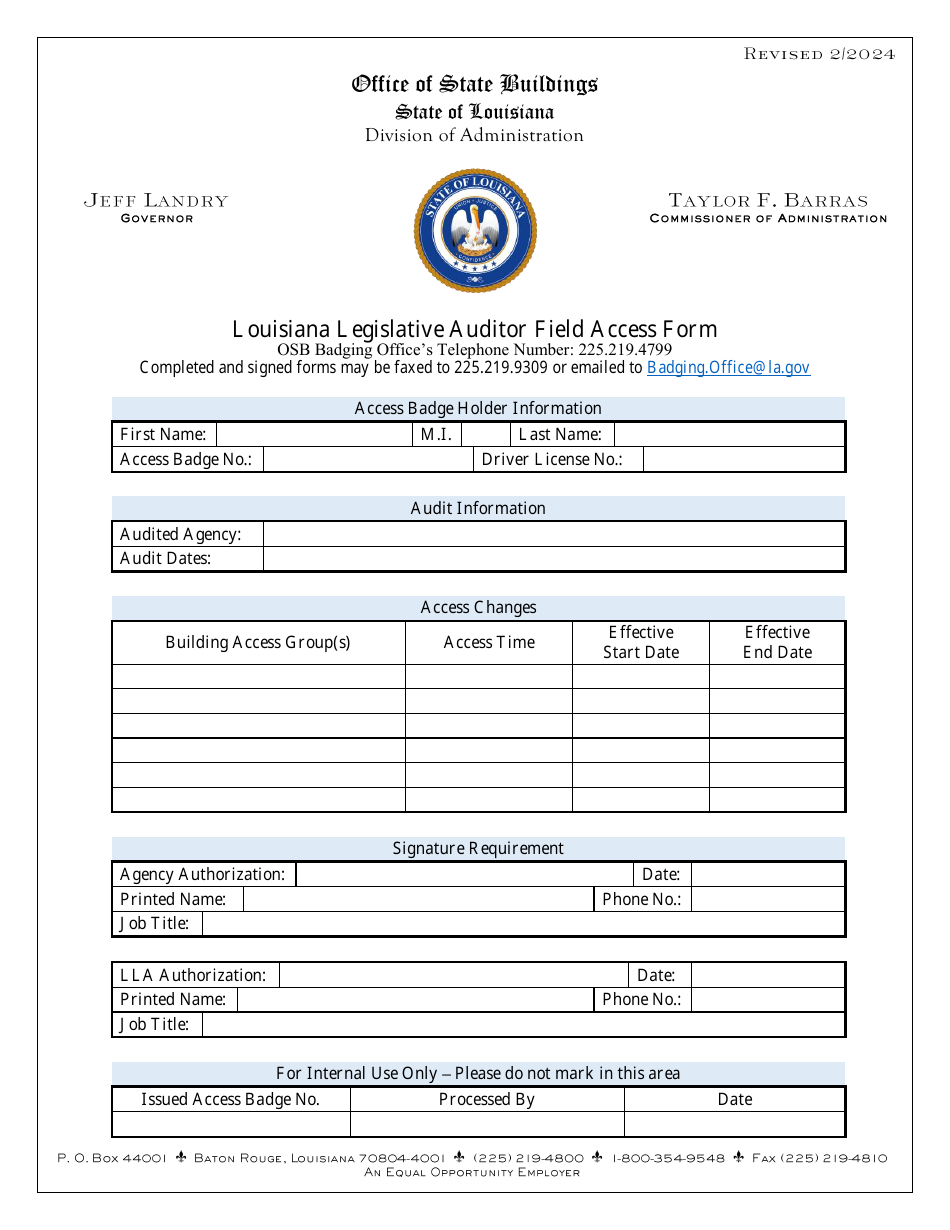 Louisiana Legislative Auditor Field Access Form - Louisiana, Page 1