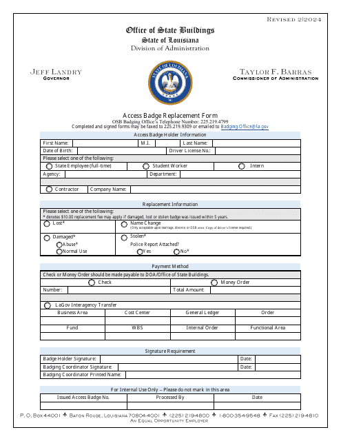 Access Badge Replacement Form - Louisiana Download Pdf