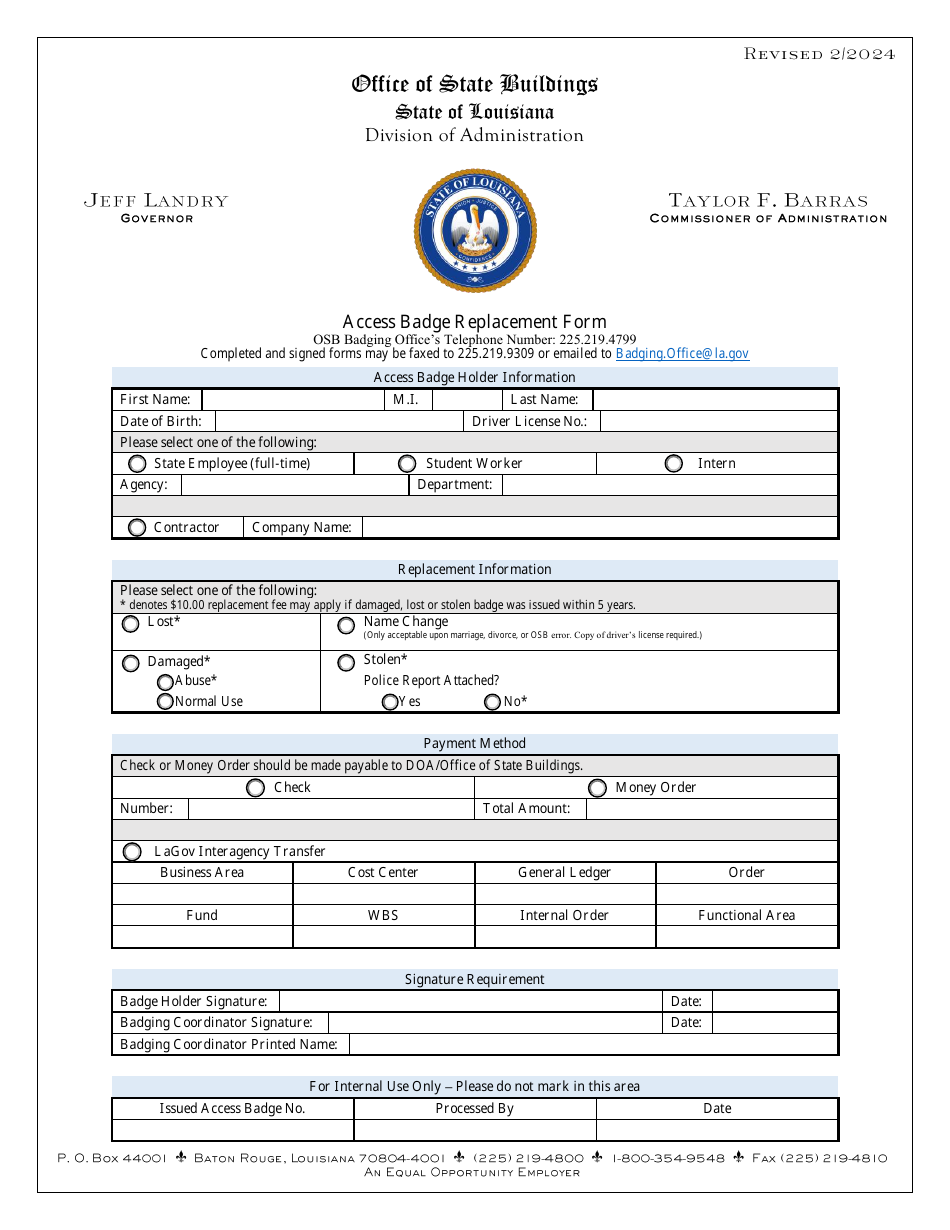 Access Badge Replacement Form - Louisiana, Page 1