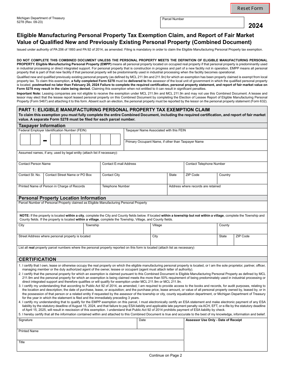 Form 5278 Eligible Manufacturing Personal Property Tax Exemption Claim, and Report of Fair Market Value of Qualified New and Previously Existing Personal Property (Combined Document) - Michigan, Page 1
