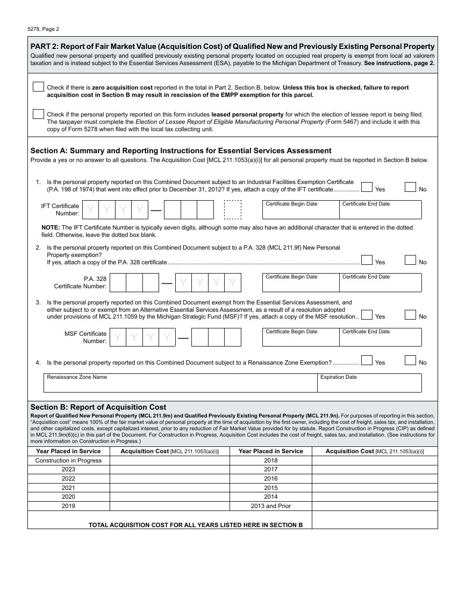Form 5278 Eligible Manufacturing Personal Property Tax Exemption Claim, and Report of Fair Market Value of Qualified New and Previously Existing Personal Property (Combined Document) - Michigan, Page 2