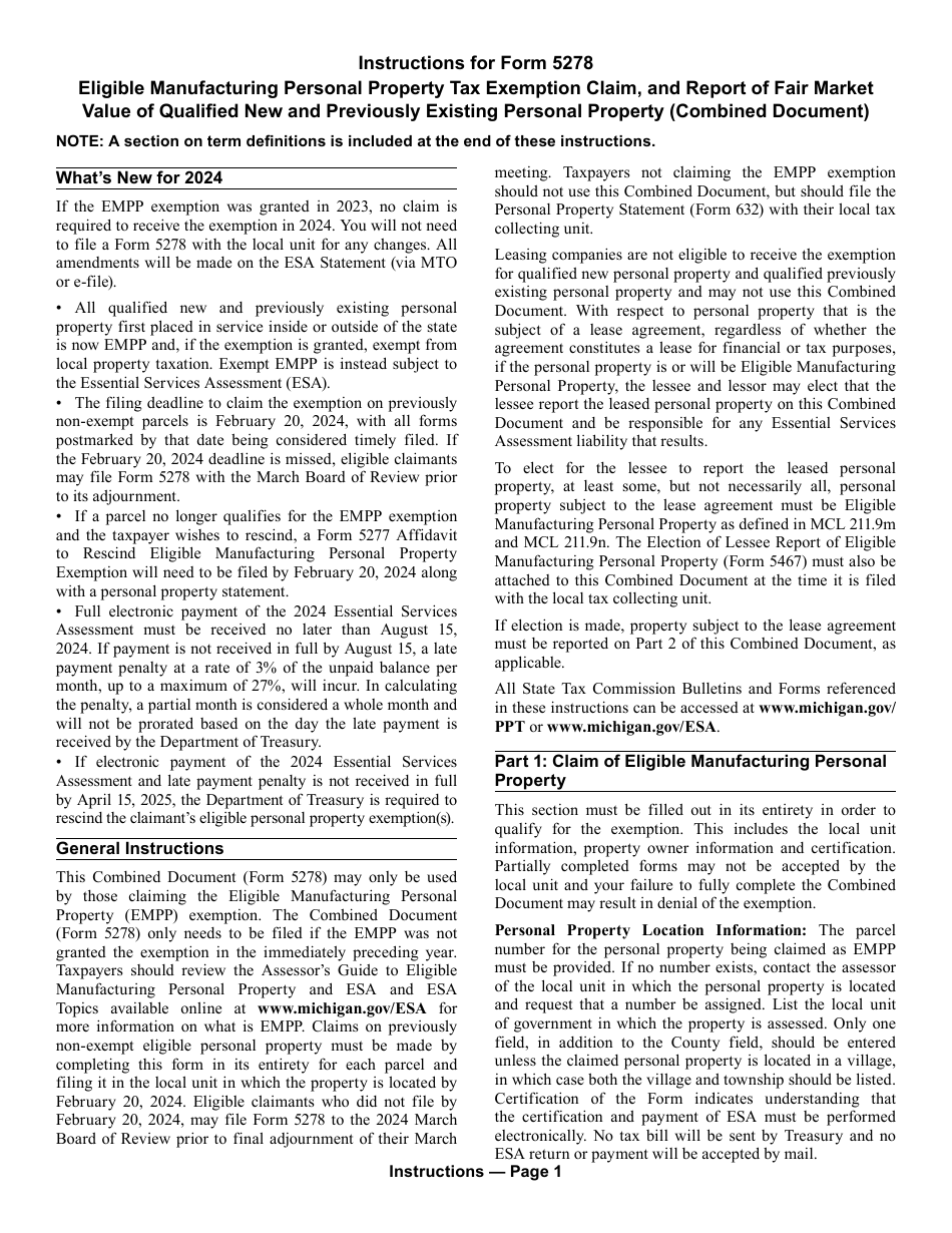 Form 5278 Eligible Manufacturing Personal Property Tax Exemption Claim, and Report of Fair Market Value of Qualified New and Previously Existing Personal Property (Combined Document) - Michigan, Page 3