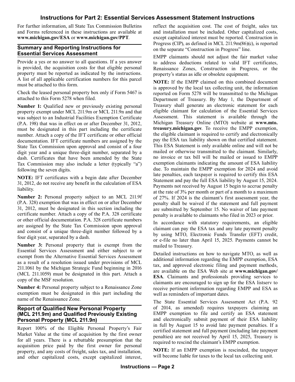 Form 5278 Eligible Manufacturing Personal Property Tax Exemption Claim, and Report of Fair Market Value of Qualified New and Previously Existing Personal Property (Combined Document) - Michigan, Page 4