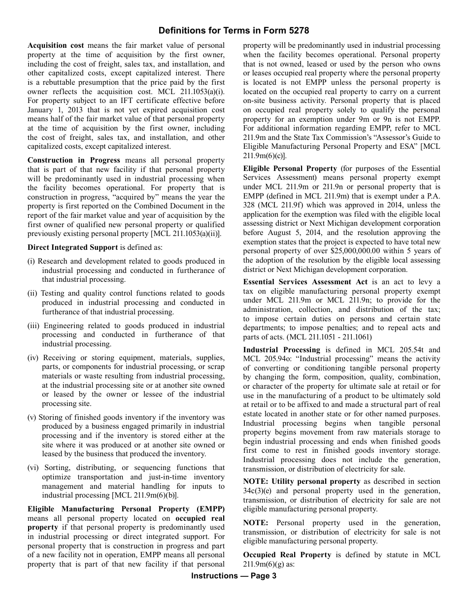 Form 5278 Eligible Manufacturing Personal Property Tax Exemption Claim, and Report of Fair Market Value of Qualified New and Previously Existing Personal Property (Combined Document) - Michigan, Page 5
