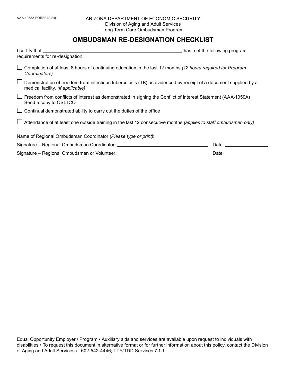 Form AAA-1253A Ombudsman Re-designation Checklist - Arizona, Page 1