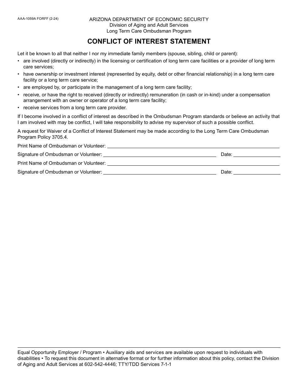 Form AAA-1059A Conflict of Interest Statement - Arizona, Page 1