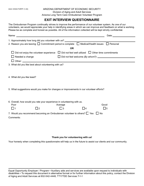 Form AAA-1230A Exit Interview Questionnaire - Arizona