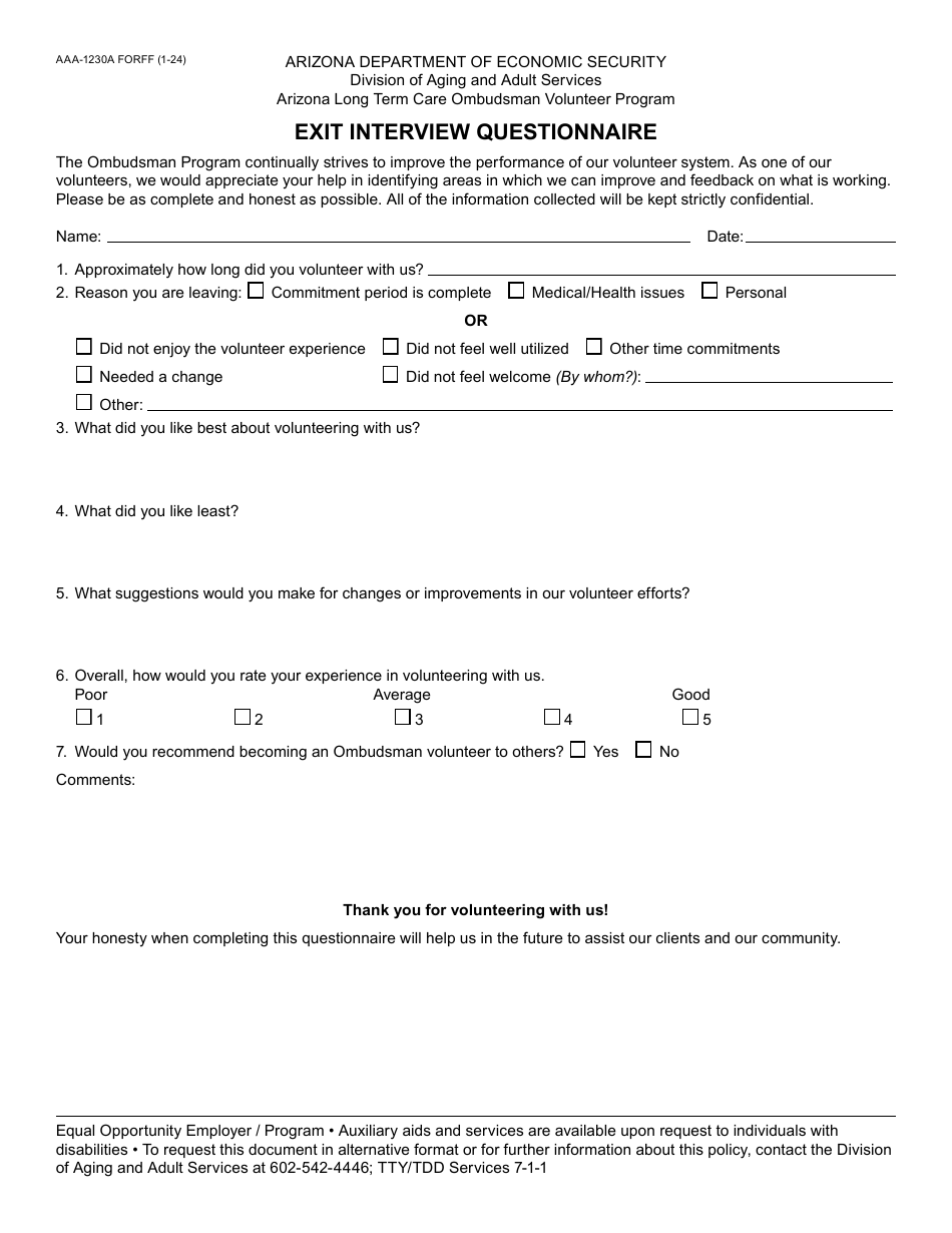 Form AAA-1230A Exit Interview Questionnaire - Arizona, Page 1