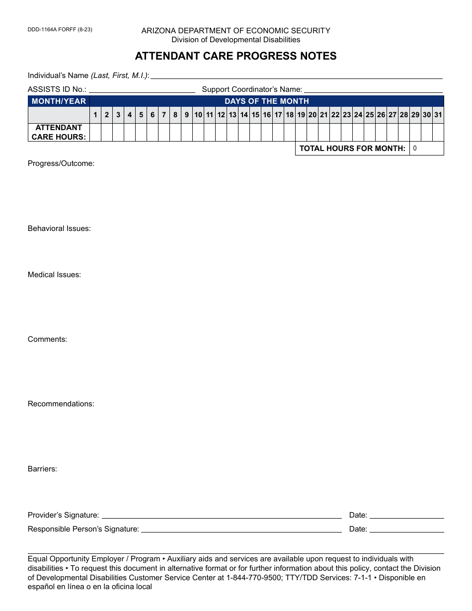 Form DDD-1164A Attendant Care Progress Notes - Arizona, Page 1