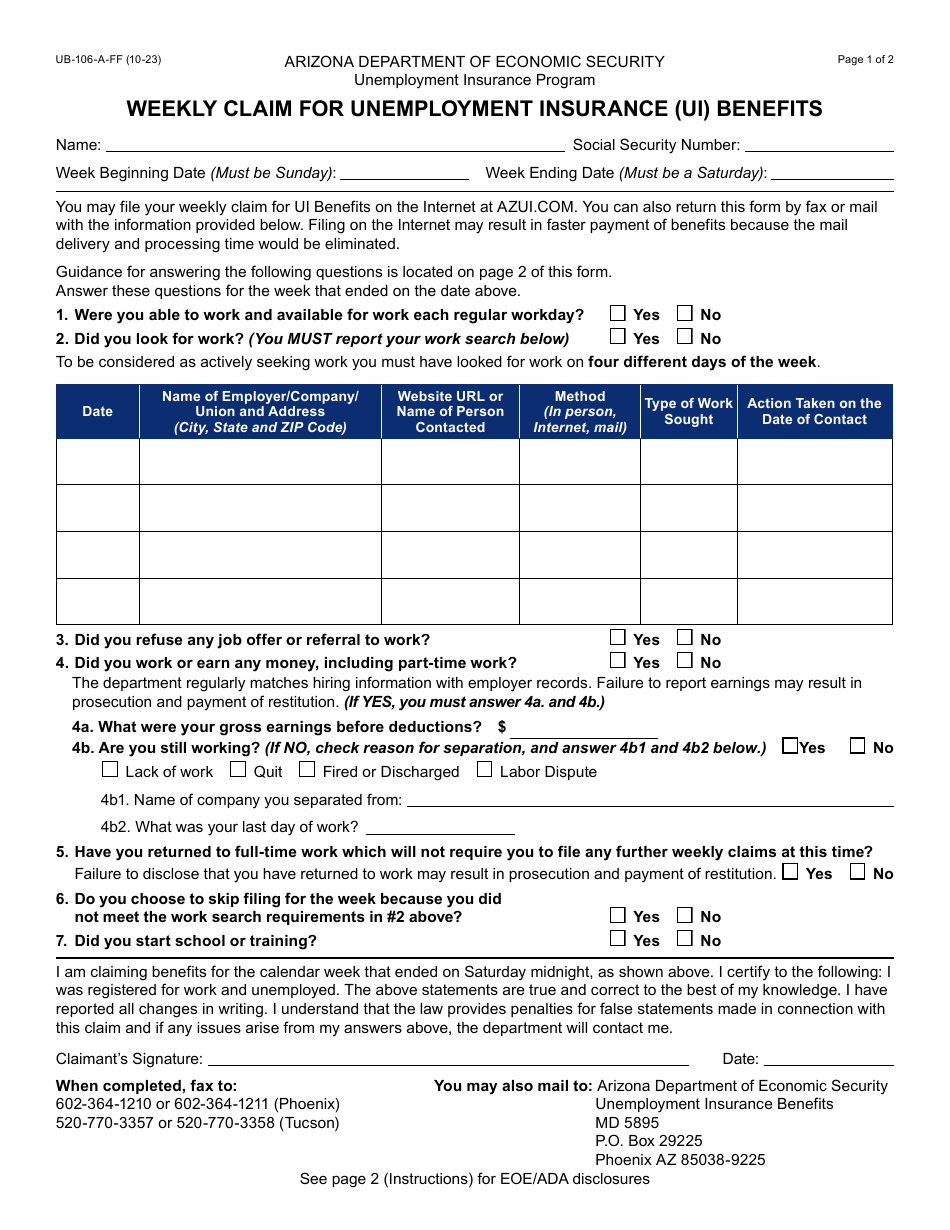 Form UB-106-A Weekly Claim for Unemployment Insurance (Ui) Benefits - Arizona, Page 1