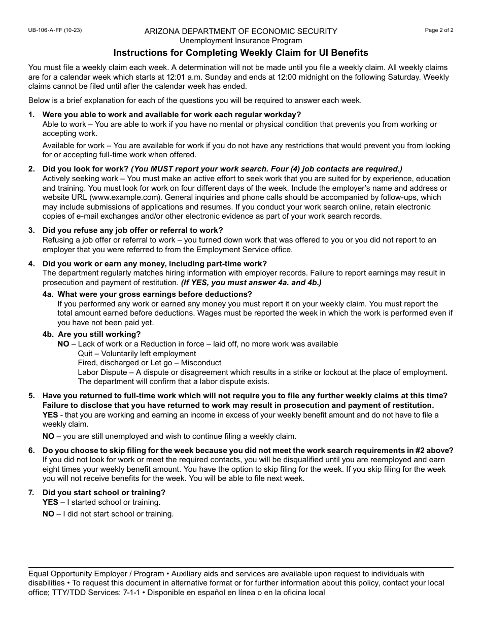 Form UB-106-A Weekly Claim for Unemployment Insurance (Ui) Benefits - Arizona, Page 2