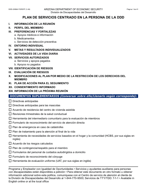 Formulario DDD-2089A-S Plan De Servicios Centrado En La Persona De La Ddd - Arizona (Spanish)