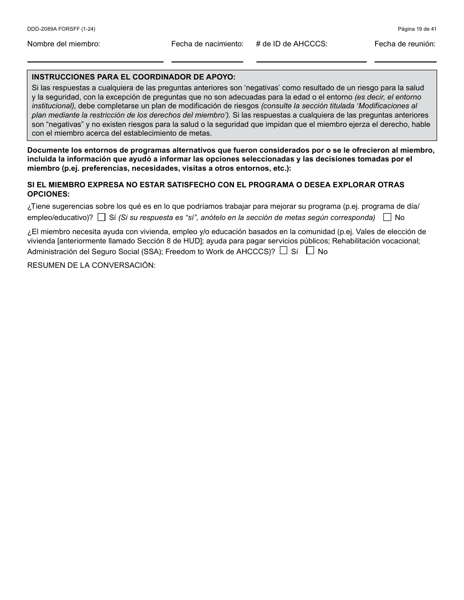 Formulario DDD-2089A-S Plan De Servicios Centrado En La Persona De La Ddd - Arizona (Spanish), Page 19