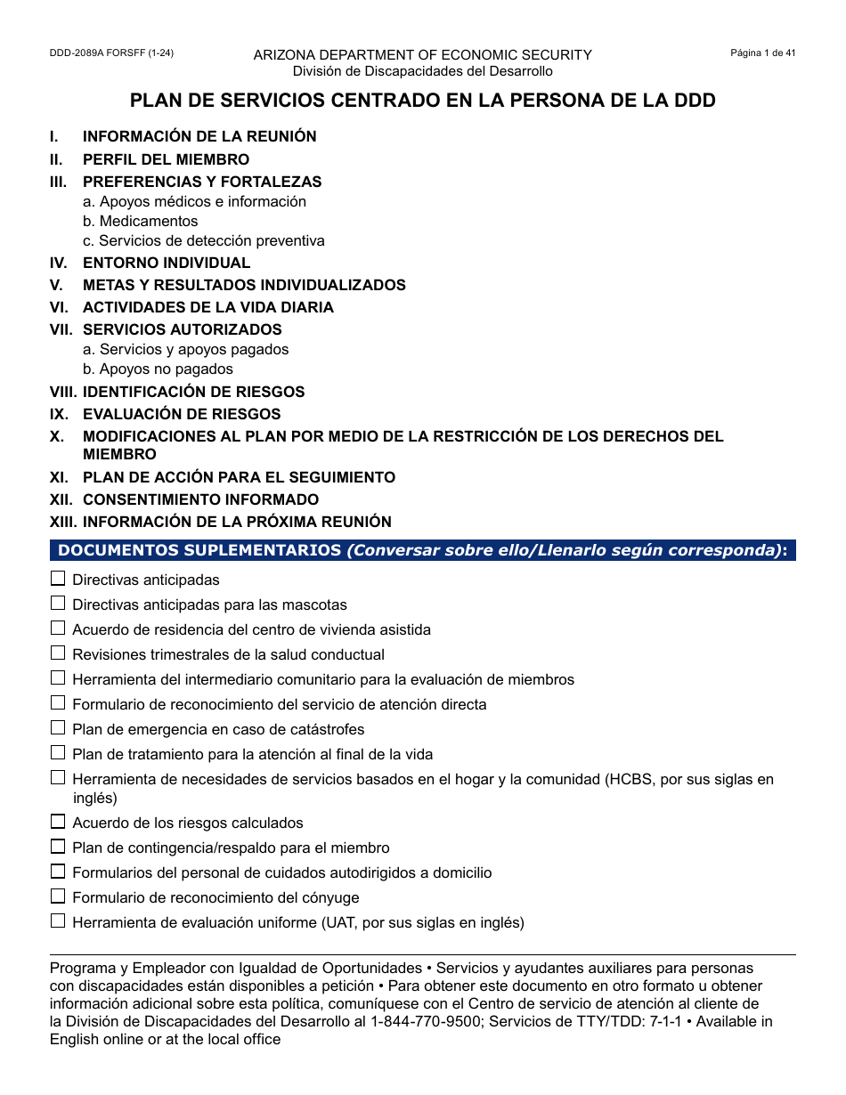 Formulario DDD-2089A-S Plan De Servicios Centrado En La Persona De La Ddd - Arizona (Spanish), Page 1