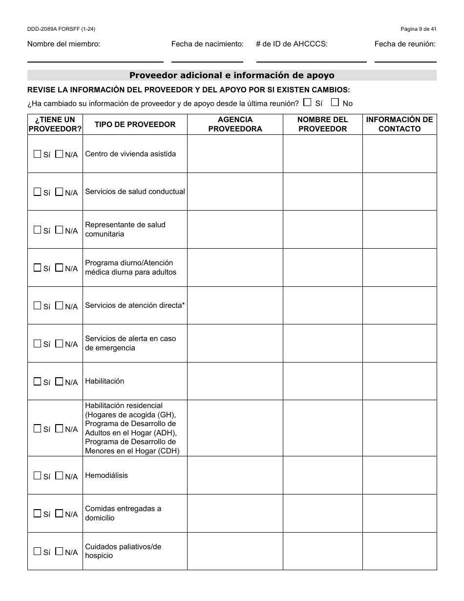 Formulario DDD-2089A-S Plan De Servicios Centrado En La Persona De La Ddd - Arizona (Spanish), Page 9