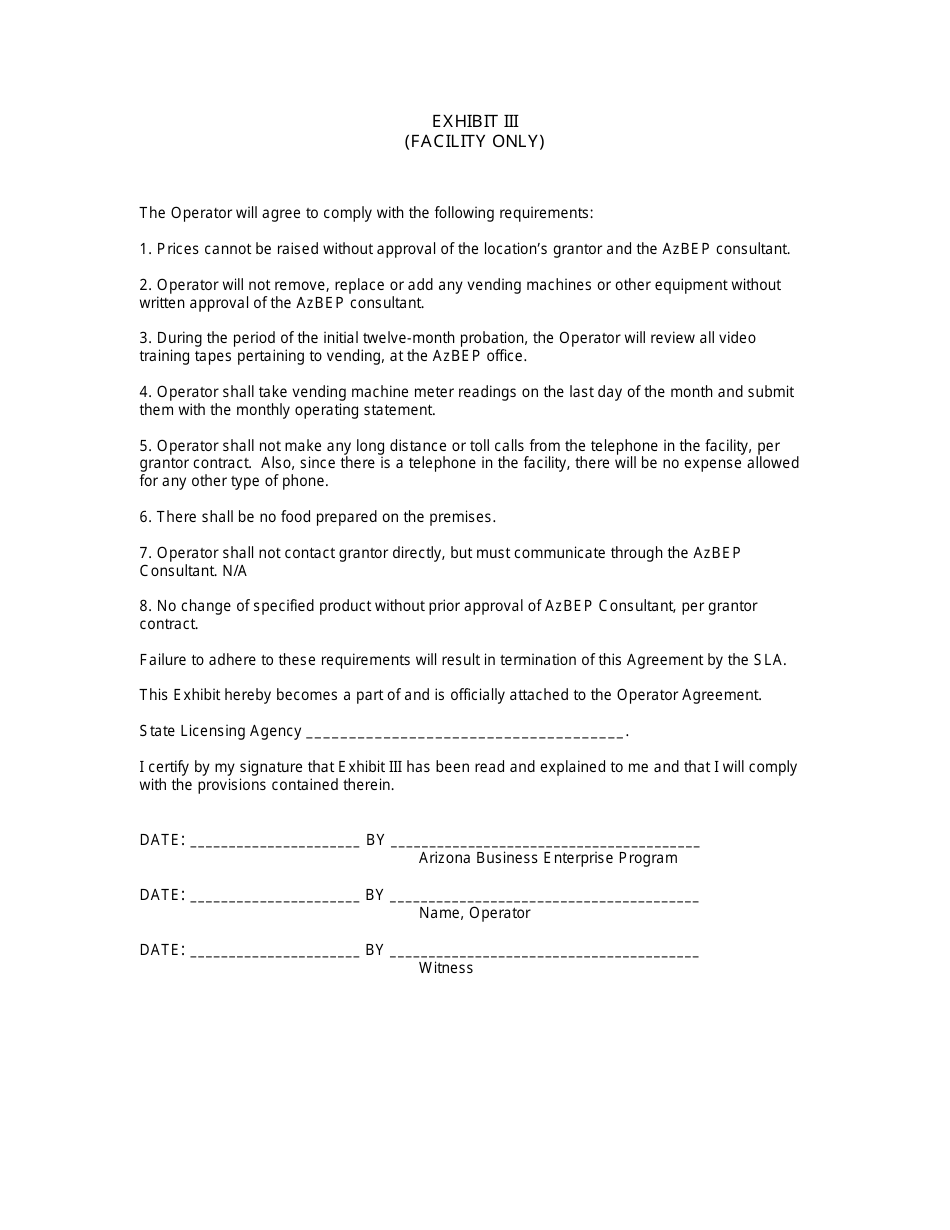 Sample Operators Agreement - Business Enterprise Program (Bep) - Arizona, Page 6