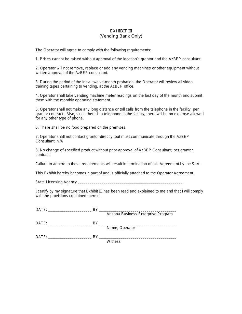 Sample Operators Agreement - Business Enterprise Program (Bep) - Arizona, Page 7