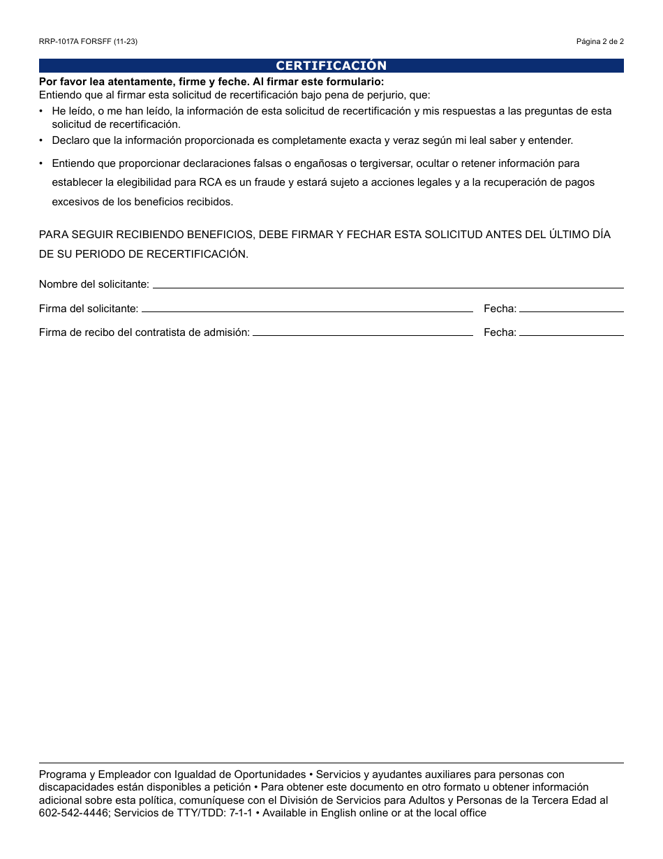 Formulario RRP-1017A-S Asistencia En Efectivo Para Refugiados Solicitud De Recertificacion Para Participantes Del Programa - Arizona (Spanish), Page 2