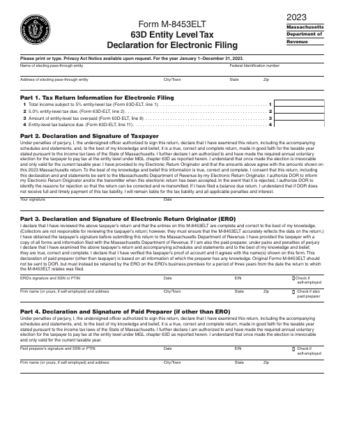 Form M-8453ELT 63d Entity Level Tax Declaration for Electronic Filing - Massachusetts, 2023