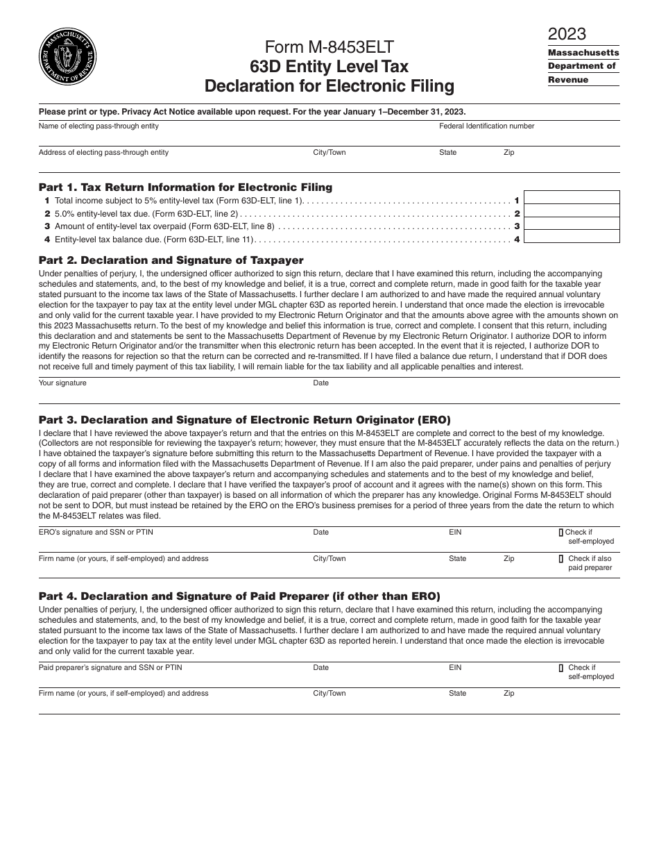 Form M-8453ELT 63d Entity Level Tax Declaration for Electronic Filing - Massachusetts, Page 1