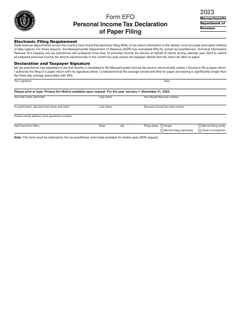 Form EFO Personal Income Tax Declaration of Paper Filing - Massachusetts, 2023
