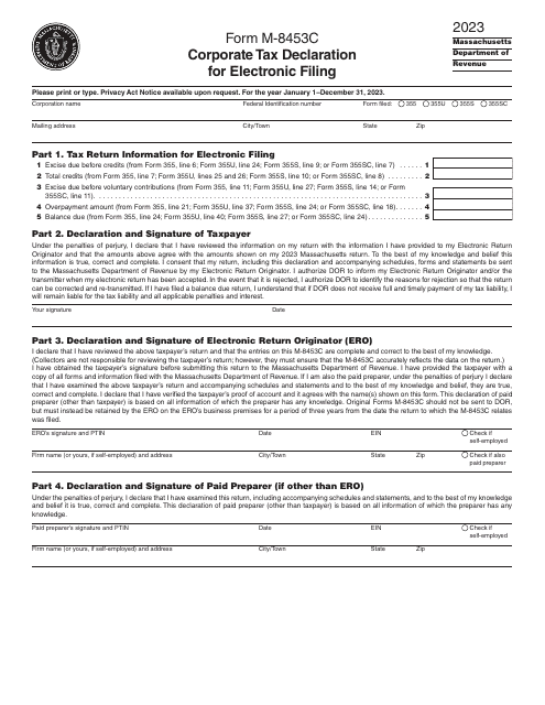 Form M-8453C Corporate Tax Declaration for Electronic Filing - Massachusetts, 2023