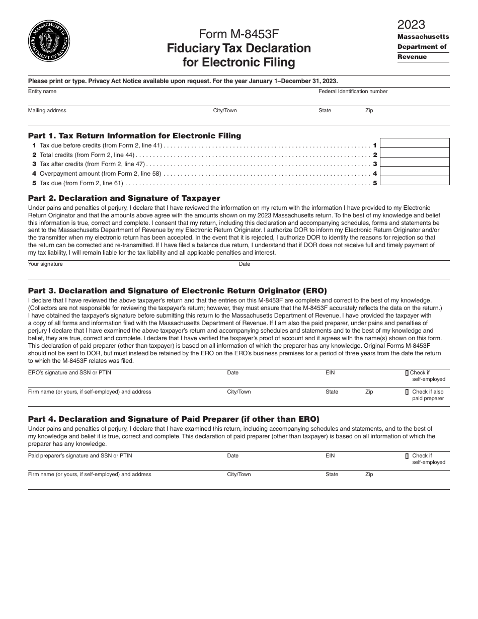 Form M-8453F Fiduciary Tax Declaration for Electronic Filing - Massachusetts, Page 1