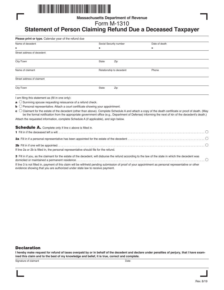 Form M-1310 Statement of Person Claiming Refund Due a Deceased Taxpayer - Massachusetts, Page 1