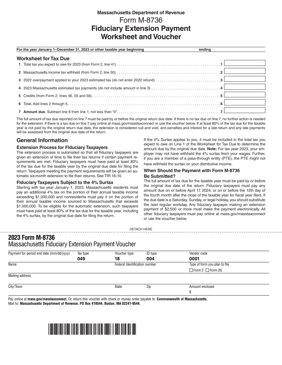 Form M-8736 Fiduciary Extension Payment Worksheet and Voucher - Massachusetts, Page 1