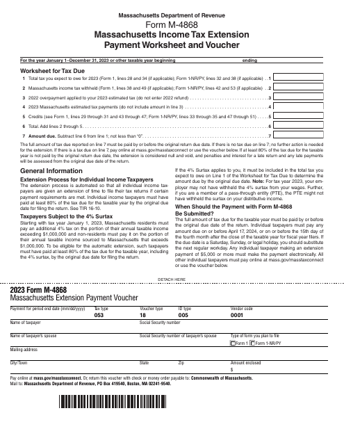 Form M-4868 Massachusetts Income Tax Extension Payment Worksheet and Voucher - Massachusetts, 2023