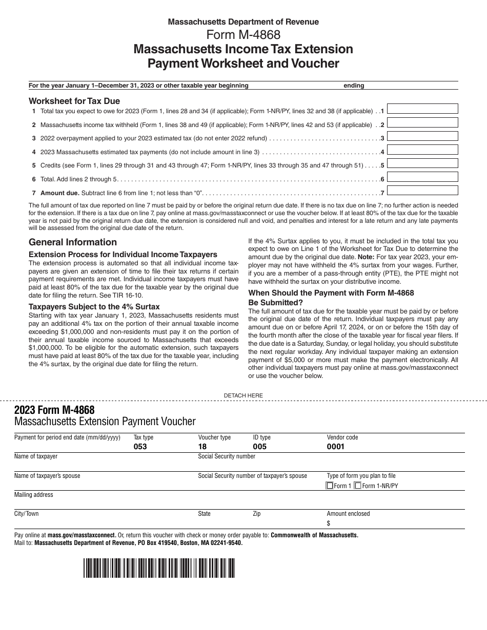 Form M-4868 Massachusetts Income Tax Extension Payment Worksheet and Voucher - Massachusetts, Page 1