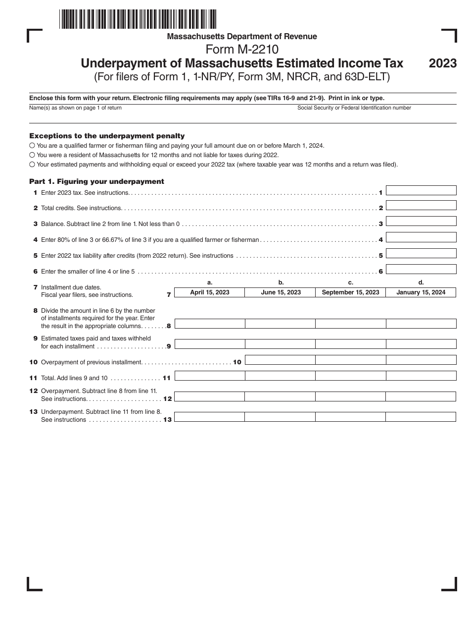Form M-2210 Underpayment of Massachusetts Estimated Income Tax - Massachusetts, Page 1