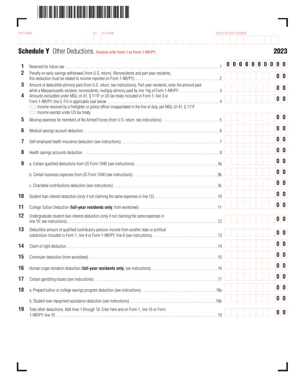 Schedule Y Other Deductions - Massachusetts, Page 1