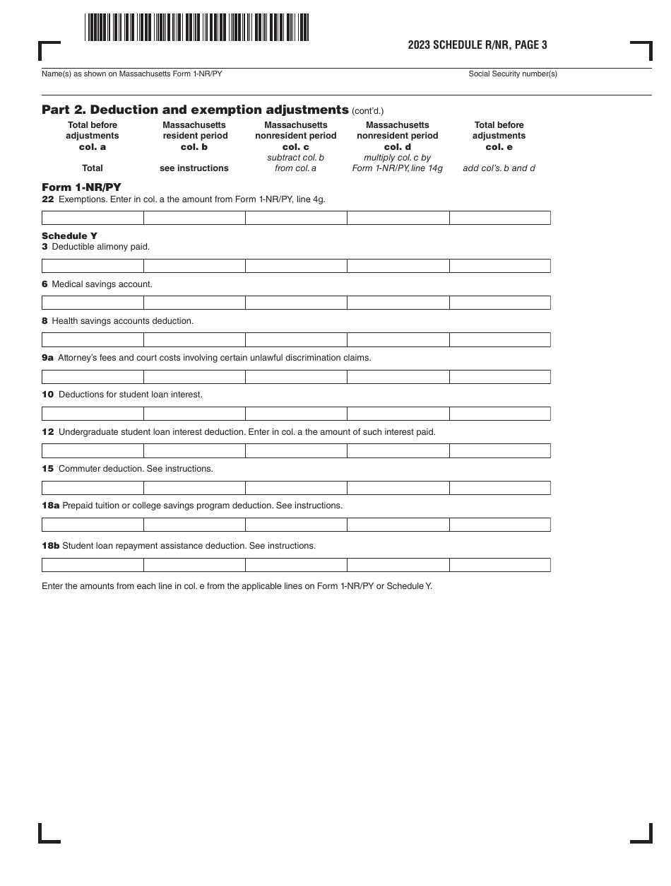 Schedule R / NR Resident / Nonresident Worksheet - Massachusetts, Page 3