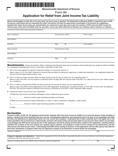 Form 84 Application for Relief From Joint Income Tax Liability - Massachusetts