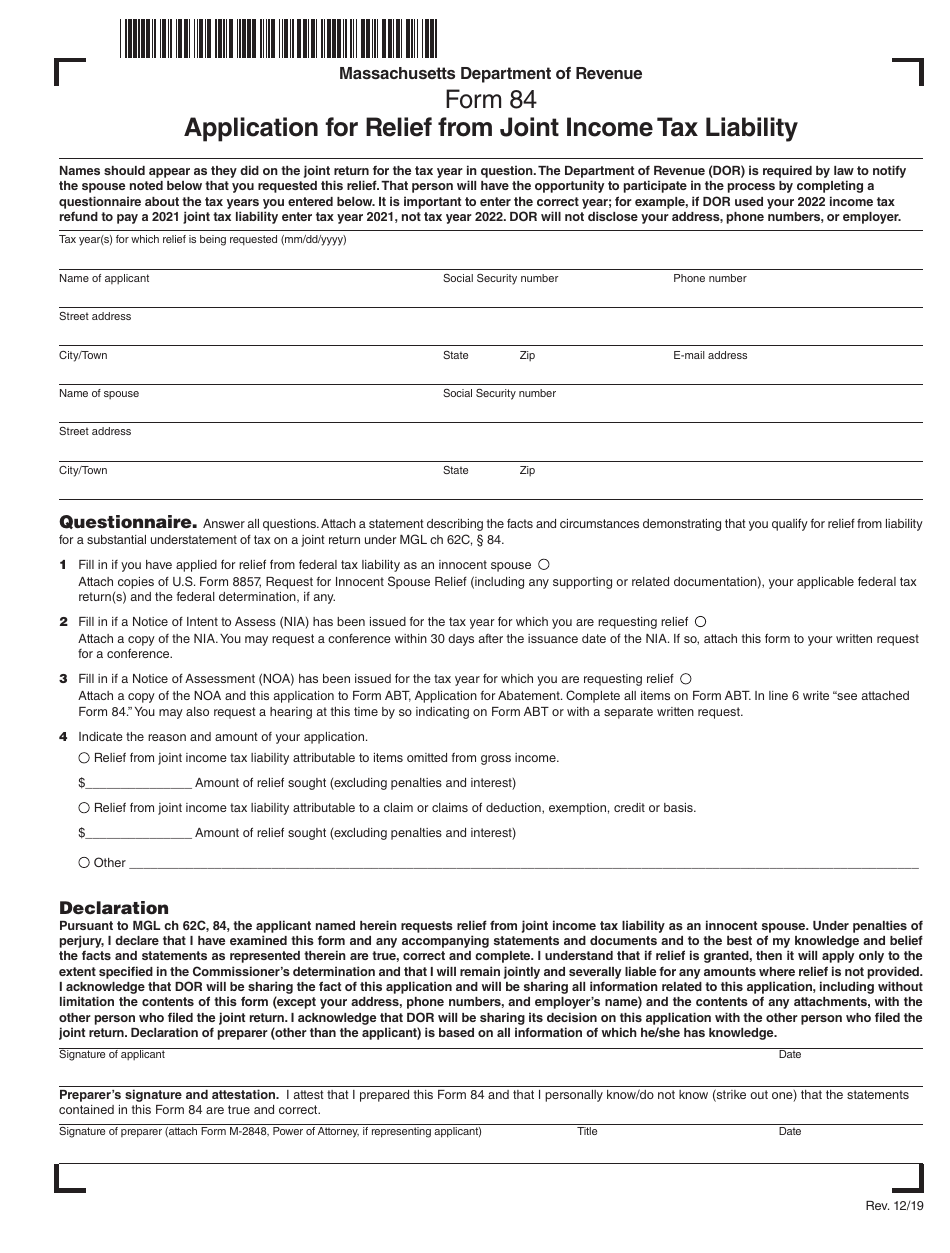 Form 84 Application for Relief From Joint Income Tax Liability - Massachusetts, Page 1