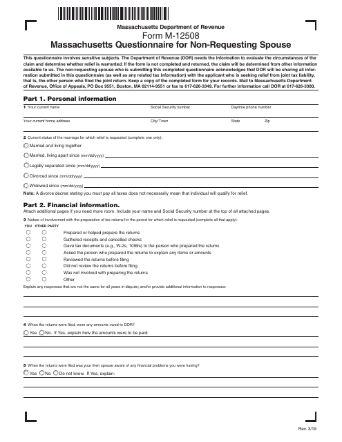 Form M-12508 Massachusetts Questionnaire for Non-requesting Spouse - Massachusetts